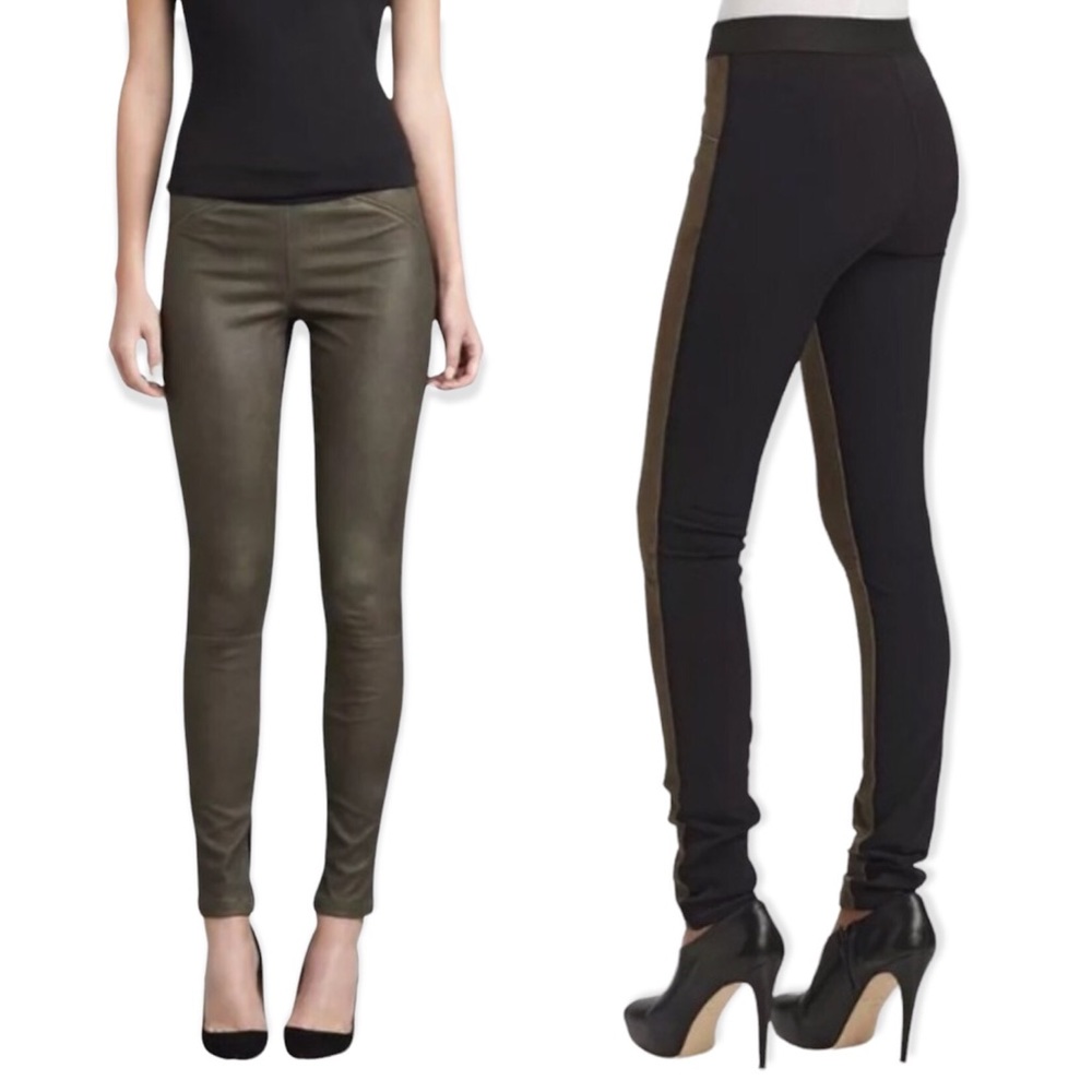 Theory Two Tone Lamb Leather Stretch Skinny Leggings Olive Green Black Sz 12